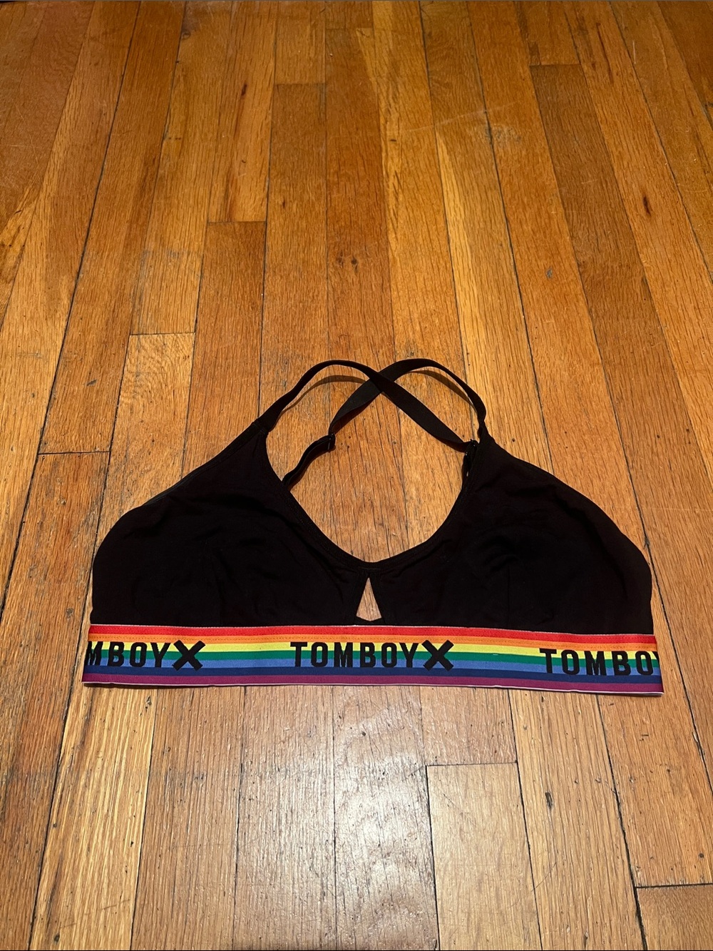 TomboyX Cross Strap Bralette in Black With Pride Strap, Size XL - Picture 2 of 10